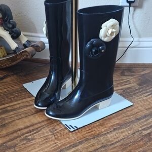 CHANEL Black and White Rain Boots with Floral Design